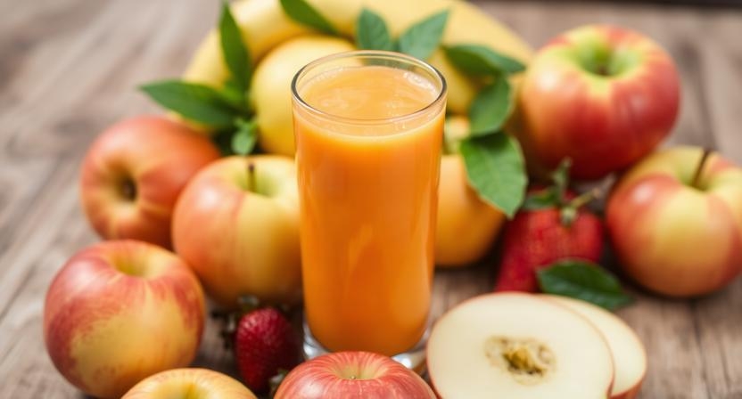 Flessen appelsap en perensap op een rij
